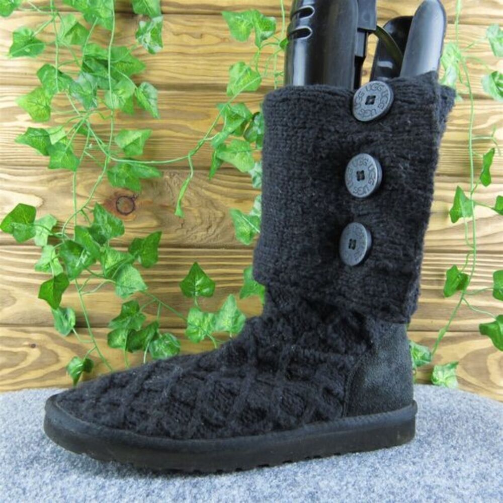 UGG Lattice Cardy Knit Women‎ Winter Boots Black Fabric Hook & Eye Size 8 Medium